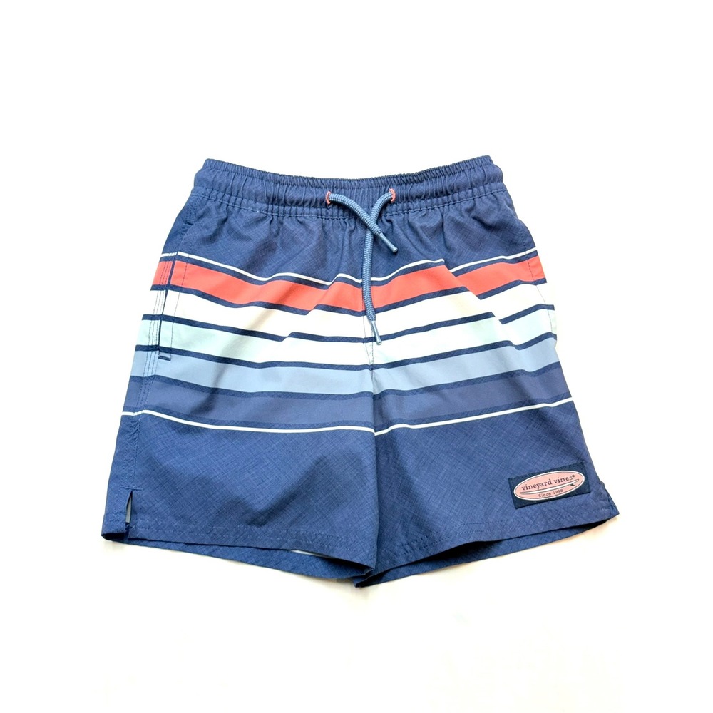 VINEYARD VINES Boys 5 Blue Pink White Stripe Mesh Lined Swim Trunks NN1